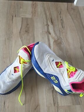 Nike Lebron White Sneakers with Blue Soles and Neon Pink/Yellow Accents